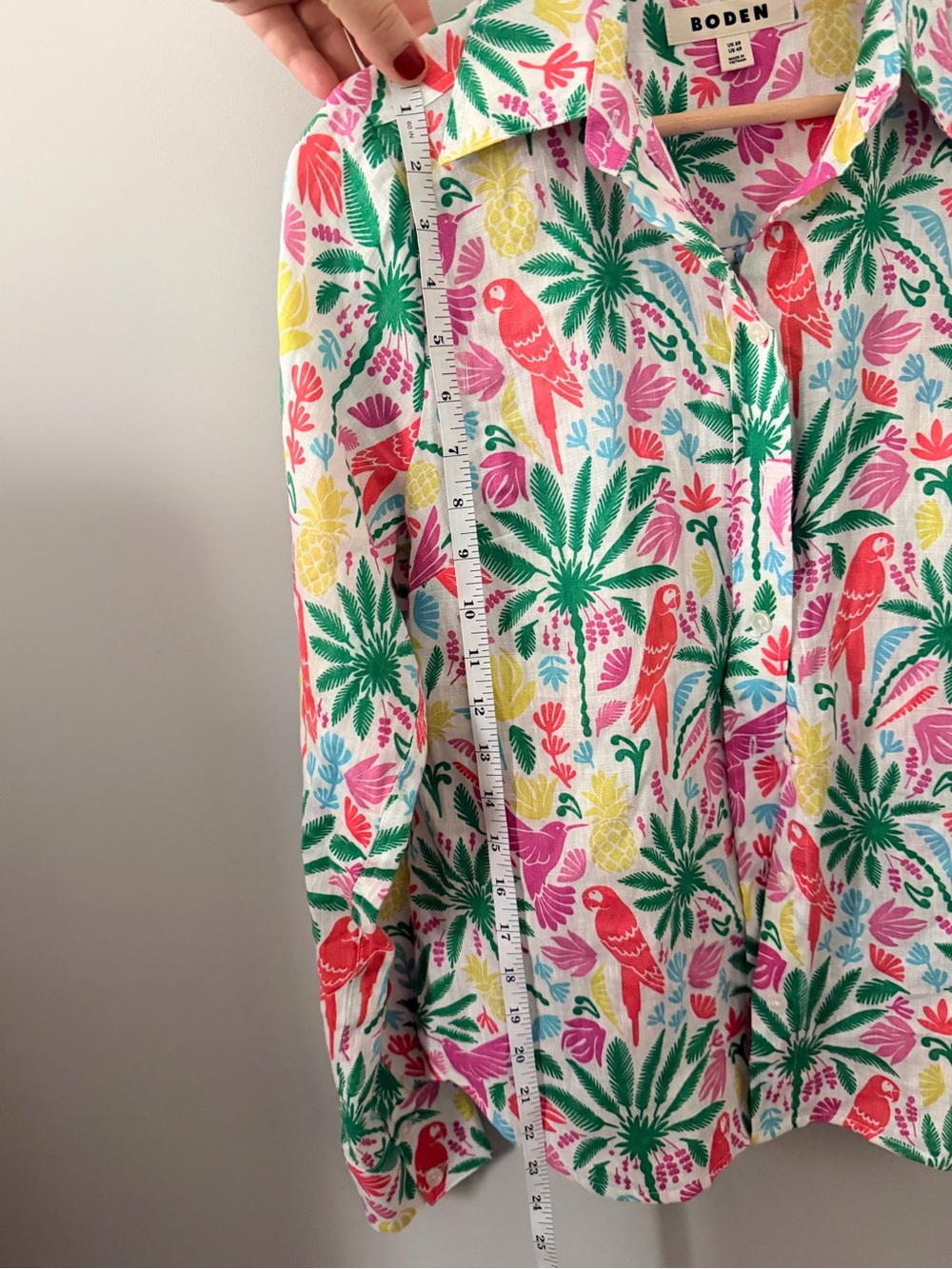 Boden Linen Blend Shirt Tropical Parrot Palm Print Button Front Colorful Sz US 4 - Picture 5 of 8